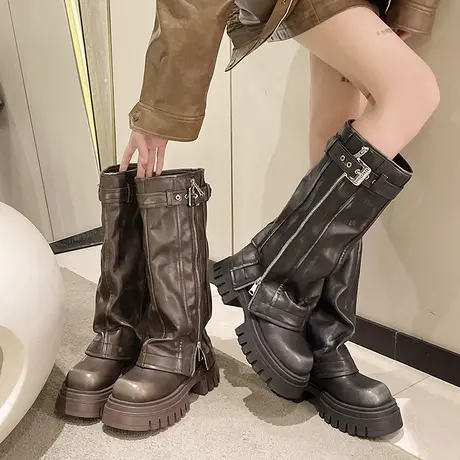 美式辣妹西部牛仔靴子厚底长筒靴女小个子粗腿裤管堆堆高筒骑士靴图片