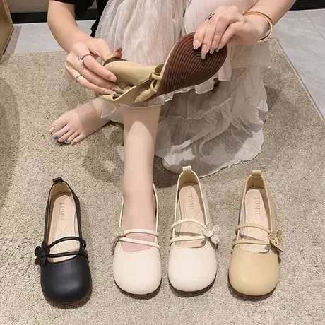 软皮软底单鞋女2023秋季新款时尚文艺休闲鞋玛丽珍浅口舒适豆豆鞋商品大图