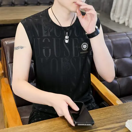 2025夏季新款男士冰丝背心加肥加大码速干男装无袖T恤家居服套装图片