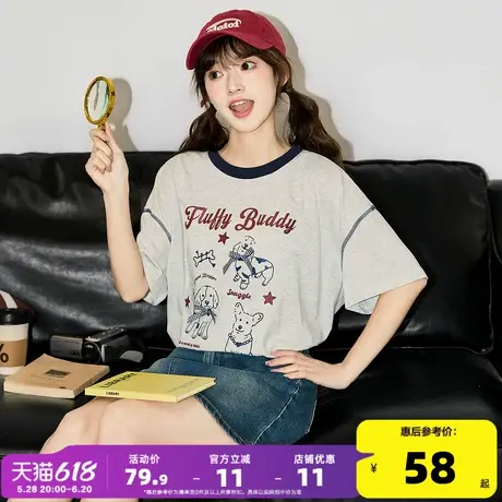 唐狮2025夏季女新款短袖T恤灰色纯棉圆领休闲时尚流行小个子女装商品大图