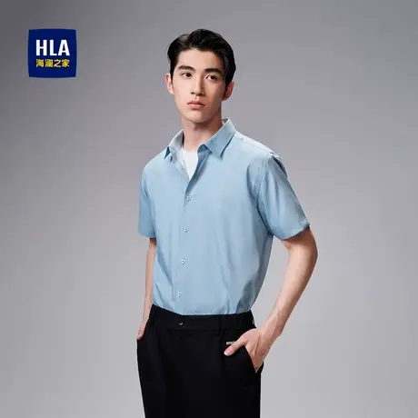 HLA/海澜之家尖领印花短袖休闲衬衫春夏微弹商务蓝色短衬男图片