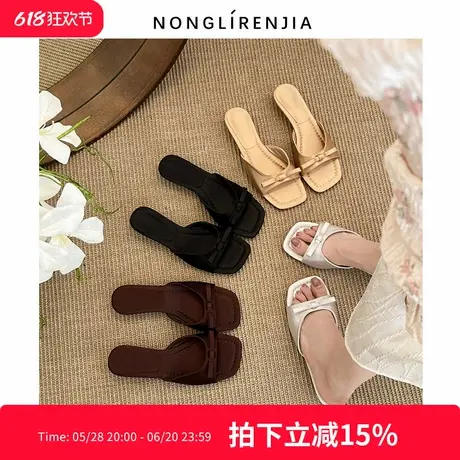 弄里人佳大码女鞋41-42码凉拖鞋夏新款蝴蝶结低跟方头拖鞋40宽脚图片