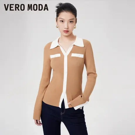 Vero Moda奥莱针织开衫早秋新款修身翻领撞色气质毛衣上衣女百搭图片
