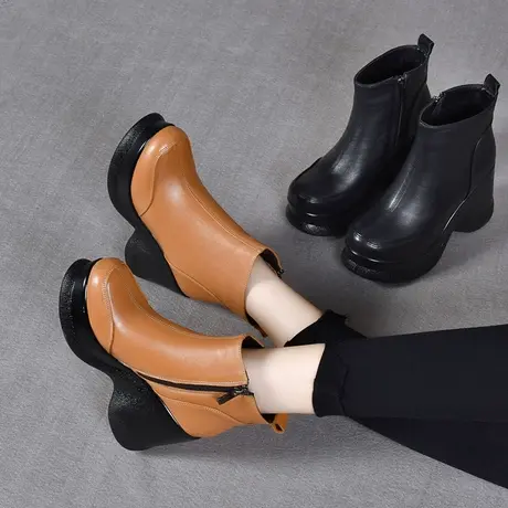 坡跟厚底牛皮休闲靴女鞋2025新款时尚皮鞋真皮马丁靴时装靴短靴女商品大图