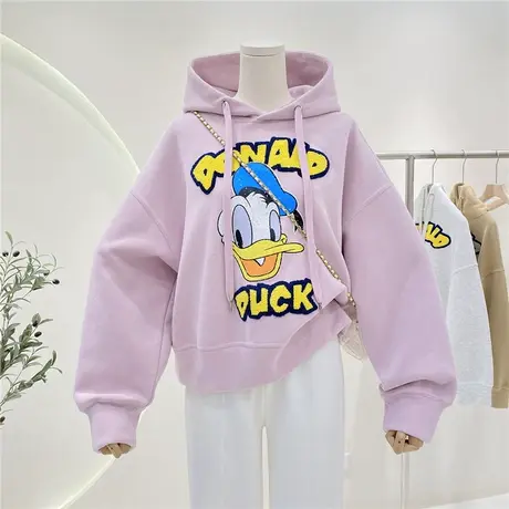 欧货2023年春季新款复古卡通鸭子印花毛巾字母宽松连帽卫衣女外套商品大图