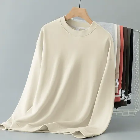 350g重磅卫衣男士秋冬加绒加厚摇粒绒无帽长袖t恤纯色圆领上衣服商品大图