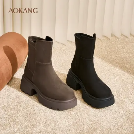 奥康女鞋 冬季时尚简约一脚蹬绒面短靴复古棕色时装靴女商品大图