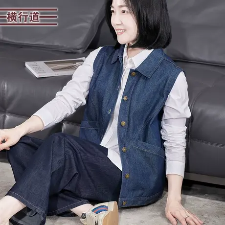 宽松休闲牛仔背心纯棉马甲翻领叠穿时尚无袖上衣外套马夹坎肩女装商品大图
