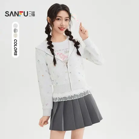 三福卫衣2025秋季时尚蕾丝小标连帽短款开衫上衣女装507581商品大图