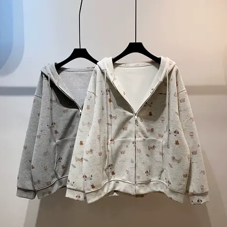 美式复古彩色小狗蛋糕图案连帽外套女2025秋季新款卫衣长袖上衣薄商品大图