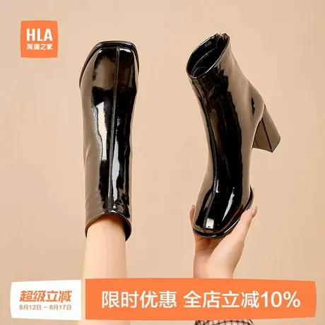 海澜之家漆皮高跟短靴女2024新款秋冬亮皮靴粗跟瘦瘦靴方头高跟靴商品大图