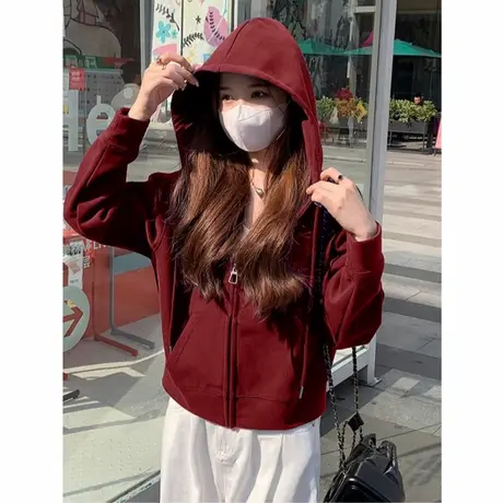 韩版酒红色拉链开衫卫衣女2025新款早秋季小个子短款上衣连帽外套商品大图