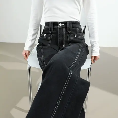 明线方口袋牛仔微喇裤女春秋季新款裤子高腰修身显瘦黑灰色喇叭裤图片