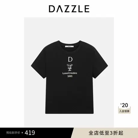 DAZZLE 地素奥莱T恤夏季黑色棉混纺绣花短袖T恤图片