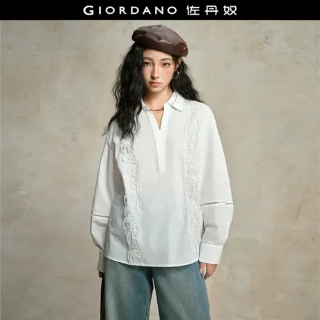 设计师款佐丹奴宽松雕塑感拼接V字翻领蕾丝风衬衫女长袖18345702图片