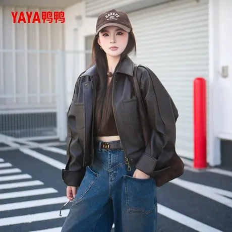 鸭鸭2025秋新款皮羽绒服时尚复古琥珀流光咖啡色皮衣高级感外套女图片