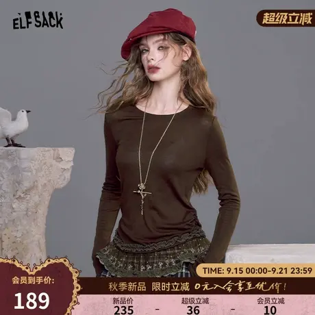 妖精的口袋复古蕾丝拼接长袖t恤女2025年早秋新款设计感修身上衣商品大图