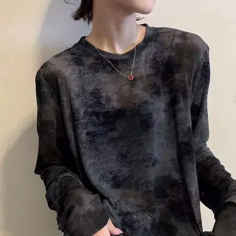 欧货晕染长袖T恤女2025秋季新款圆领显瘦时尚防晒罩衫薄款上衣潮商品大图