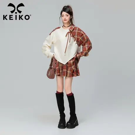 KEIKO 设计感拼色卫衣套装2023秋冬复古穿搭假两件外套+格子短裙商品大图
