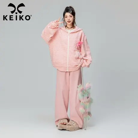KEIKO 慵懒风连帽卫衣女粉色条纹2023秋冬oversize拉链开衫外套商品大图