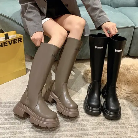 长筒靴女2023年春秋季新款网红复古显瘦高筒靴粗跟厚底百搭骑士靴商品大图