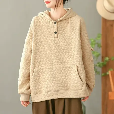 dza 复古菱格连帽加绒卫衣外套女士秋冬新款宽松保暖内搭长袖上衣商品大图