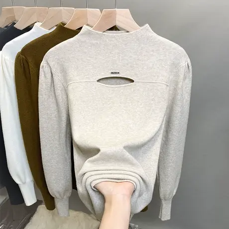 半高领毛衣女打底衫2023秋冬新款套头泡泡袖外穿针织衫内搭上衣潮商品大图