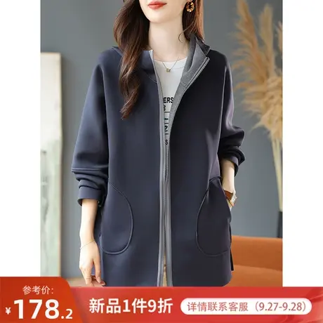 宝诗黎连帽两面穿外套女2023春秋季新款纯色长袖大码宽松拉链开衫商品大图