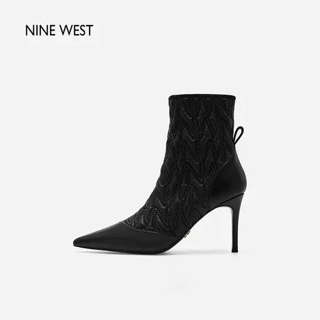 Nine West/玖熙肌理感NW弹力短靴2023秋新款尖头职业通勤瘦瘦靴女商品大图