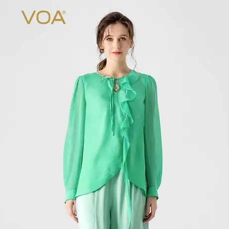 VOA桑蚕丝提花春绿暗纹圆领拼接乔其衬衫袖不对称荷叶边真丝T恤图片