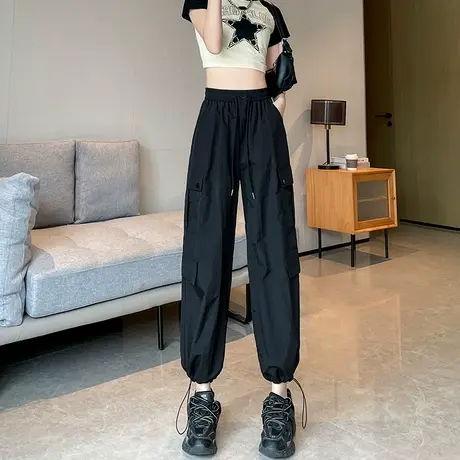 黑色街头工装裤女春秋新款降落伞休闲宽松高腰显瘦束脚阔腿运动裤商品大图
