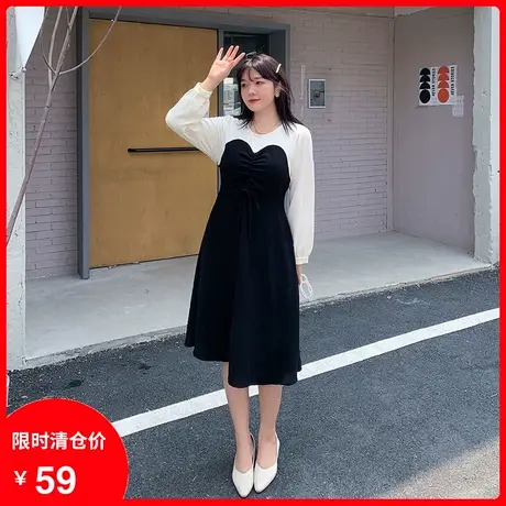 【清仓】季新款法式拼接假两件抽绳绑带显瘦大码胖MM连衣裙中长款商品大图