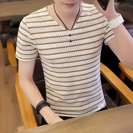 春夏季短袖T恤男中学生上衣条纹打底衫夏装半袖潮衣服冰丝海魂衫商品大图