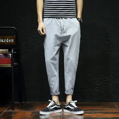 九分裤男夏季裤子男韩版潮流男士休闲裤宽松运动小脚裤棉麻亚麻裤商品大图