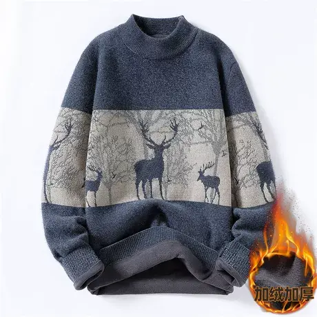 秋冬季半高领毛衣男士青少年加绒加厚线衣高中初中学生冬装打底衫商品大图
