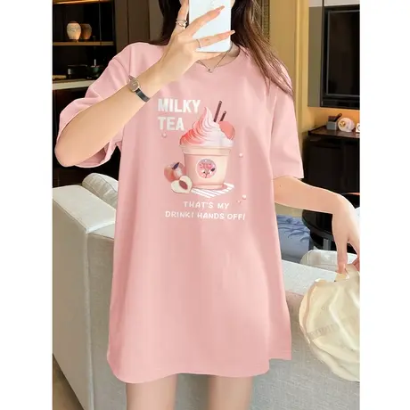 VR真维斯粉色重磅纯棉短袖t恤女中长款夏季宽松显瘦上衣学生体恤V商品大图