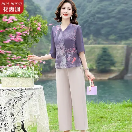 妈妈夏装雪纺小衫中年短袖T恤两件套中老年女装夏季新款气质套装图片
