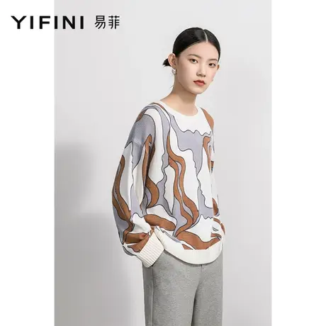 Yifini/易菲宽松长袖圆领针织衫女抽象印花通勤时尚百搭上衣秋新商品大图