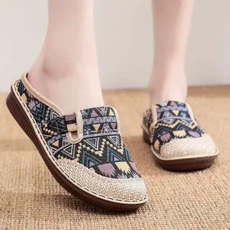 女式布拖鞋女夏季老北京布鞋女款包头外穿民族风妈妈鞋平跟休闲鞋商品大图