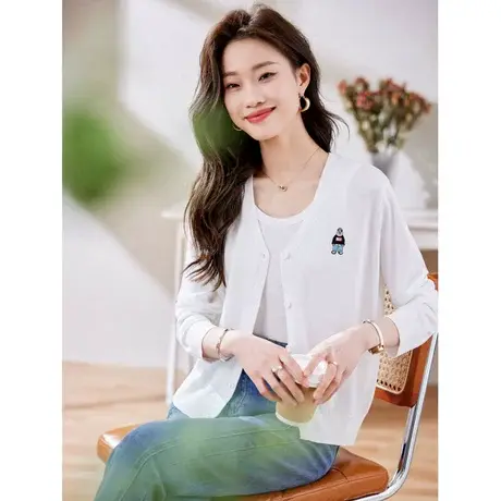 时尚气质淑女针织开衫2023年春季新款温柔V领宽松显瘦通勤上衣图片