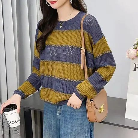 慵懒风洋气粗针毛衣女薄款秋季圆领宽松拼色外穿镂空针织衫上衣潮商品大图