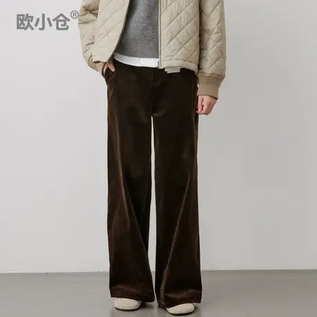 欧小仓秋冬灯芯绒阔腿裤 帅气中性咖色宽松直筒裤 复古条绒长裤商品大图