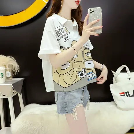 Polo领短袖T恤女短款小个子夏季2024新款宽松设计感百搭正肩上衣商品大图