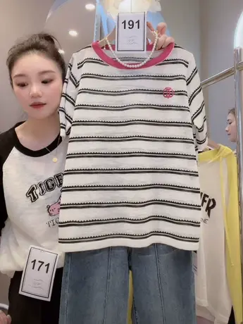 撞色短袖条纹针织衫女夏2023宽松圆领冰丝薄款学生百搭T恤上衣潮图片