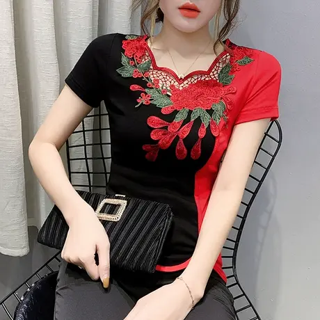 时尚撞色T恤女短袖夏装2023新款设计感刺绣洋气上衣民族风女装潮商品大图