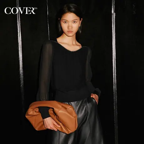 COVER秋季拼色雪纺灯笼袖毛针织衫商品大图