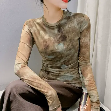 网纱打底衫女内搭春装2024新款时尚扎染印花T恤长袖圆领修身上衣图片