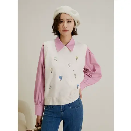 弥古圆领针织马甲女秋冬小个子叠穿提花毛背心外穿内搭毛线小马夹商品大图