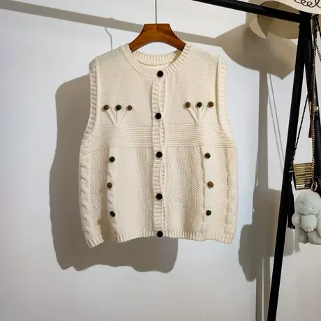 针织马甲开衫女秋季新款宽松圆领百搭设计感小众无袖毛衣背心外穿图片