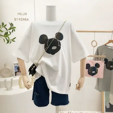 2022春夏季新款韩国东大门简约印花镶钻短袖上衣T恤欧货宽松大码商品大图